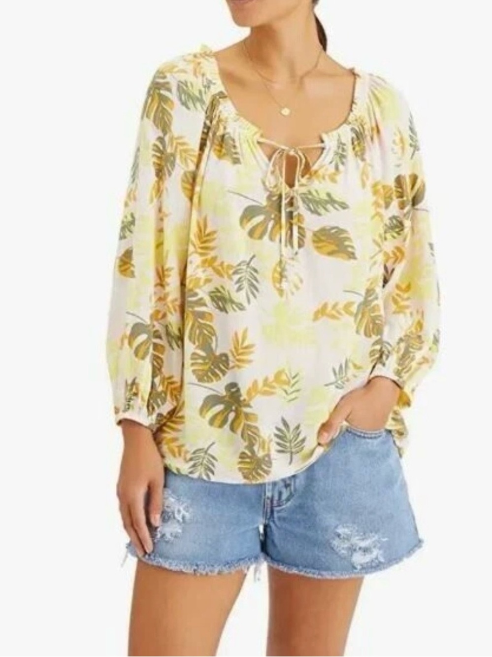 sanctuary drifter top floral palms tie neck yellow white green medium women’s